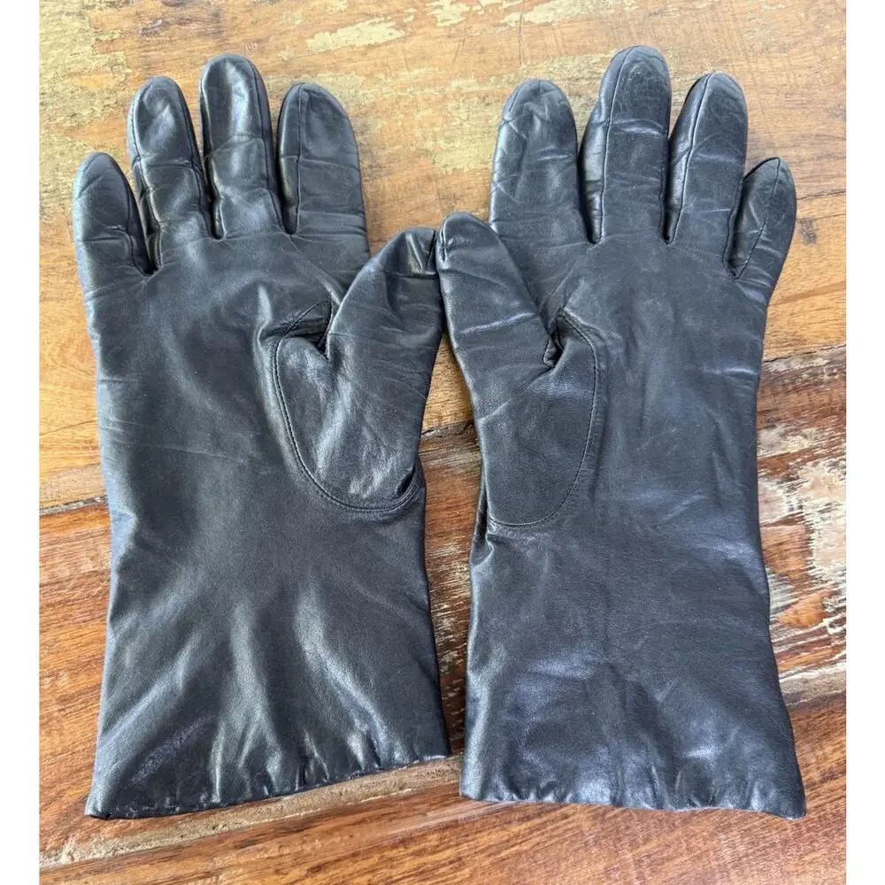 Vintage Black Genuine Leather Gloves Women’s Size 7 Lined Long Cuff Driving